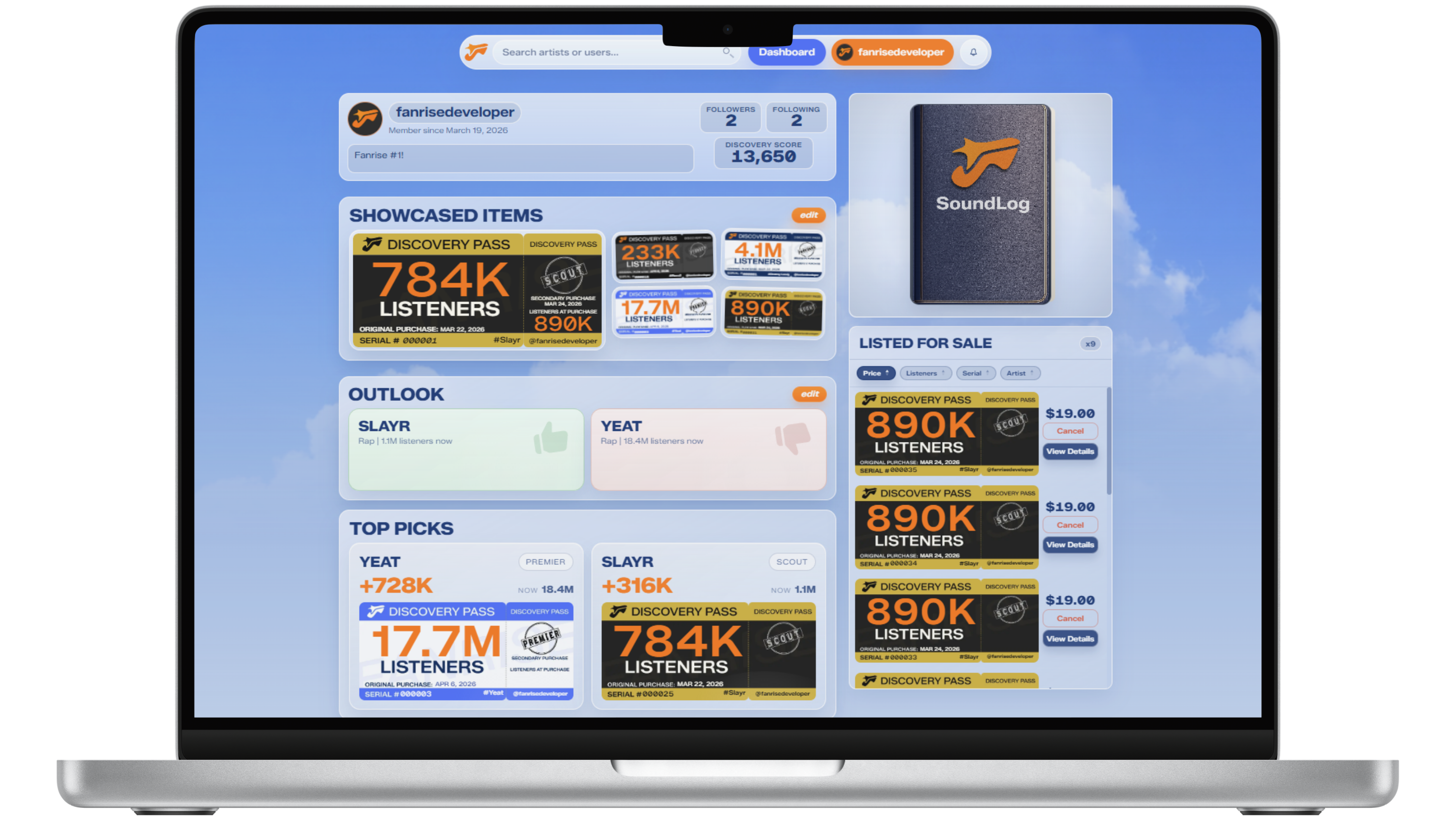 Fanrise collector profile preview displayed inside a laptop frame